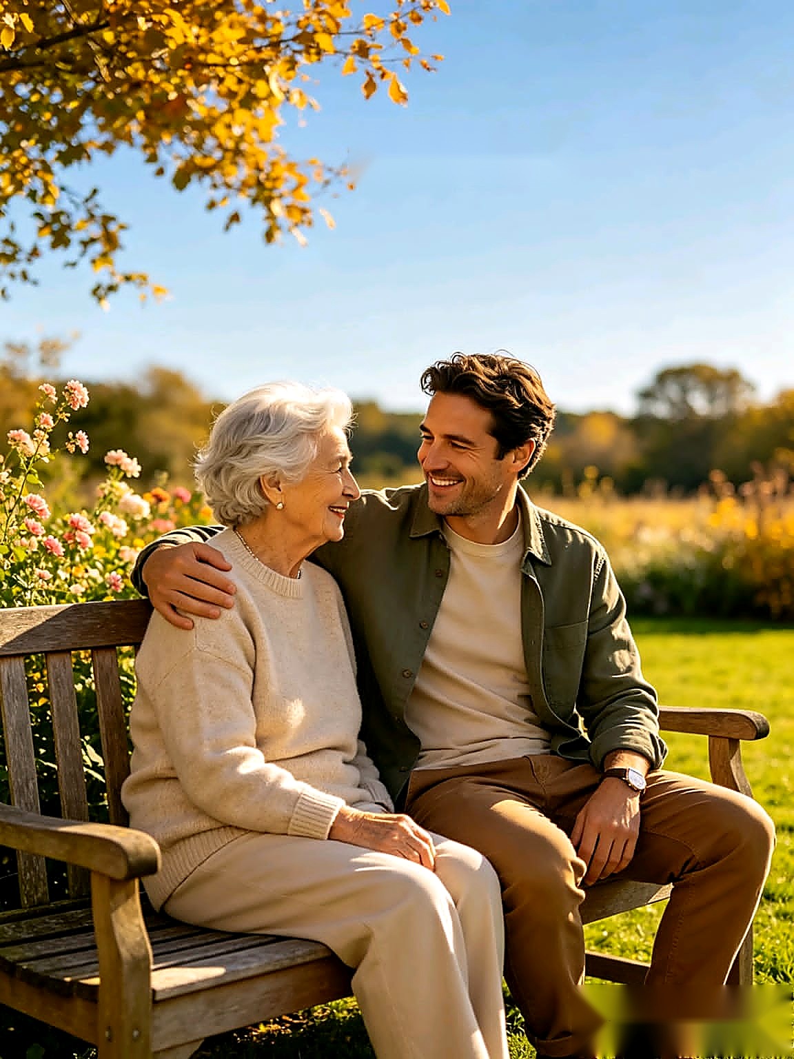 A companion and an elderly woman sitting together on a park bench in golden autumn light