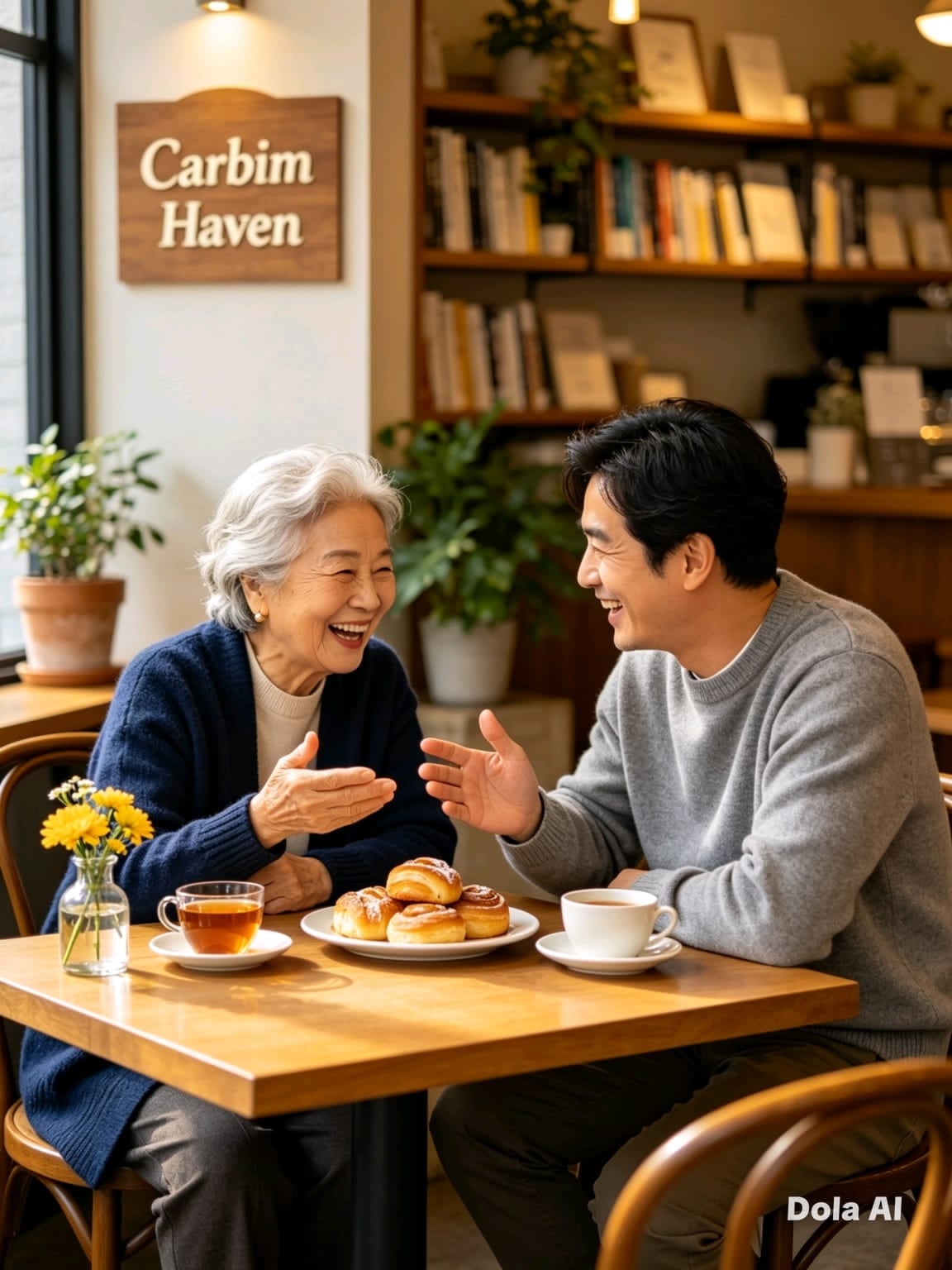 An older woman and companion sharing laughter over tea and pastries at a Carbim Haven cafe