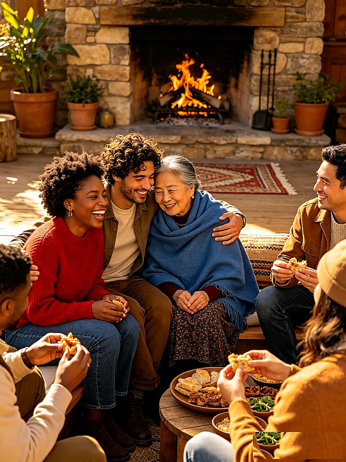 A multigenerational family sharing warmth and conversation by a fireplace